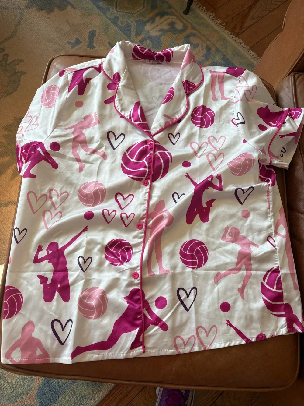 Pink Volleyball Print Satin Pajama Set